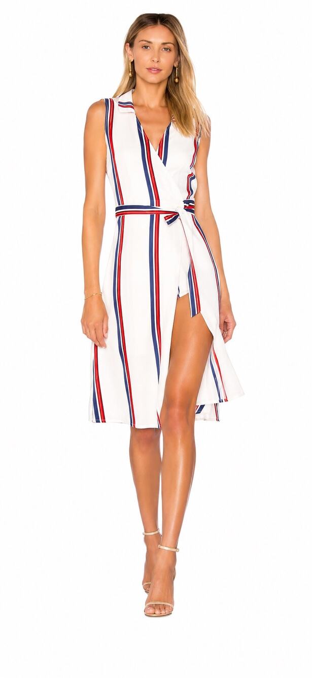 L’Academie Los Angeles Dress Small White Red Blue Stripe Wrap Midi Sleeveless